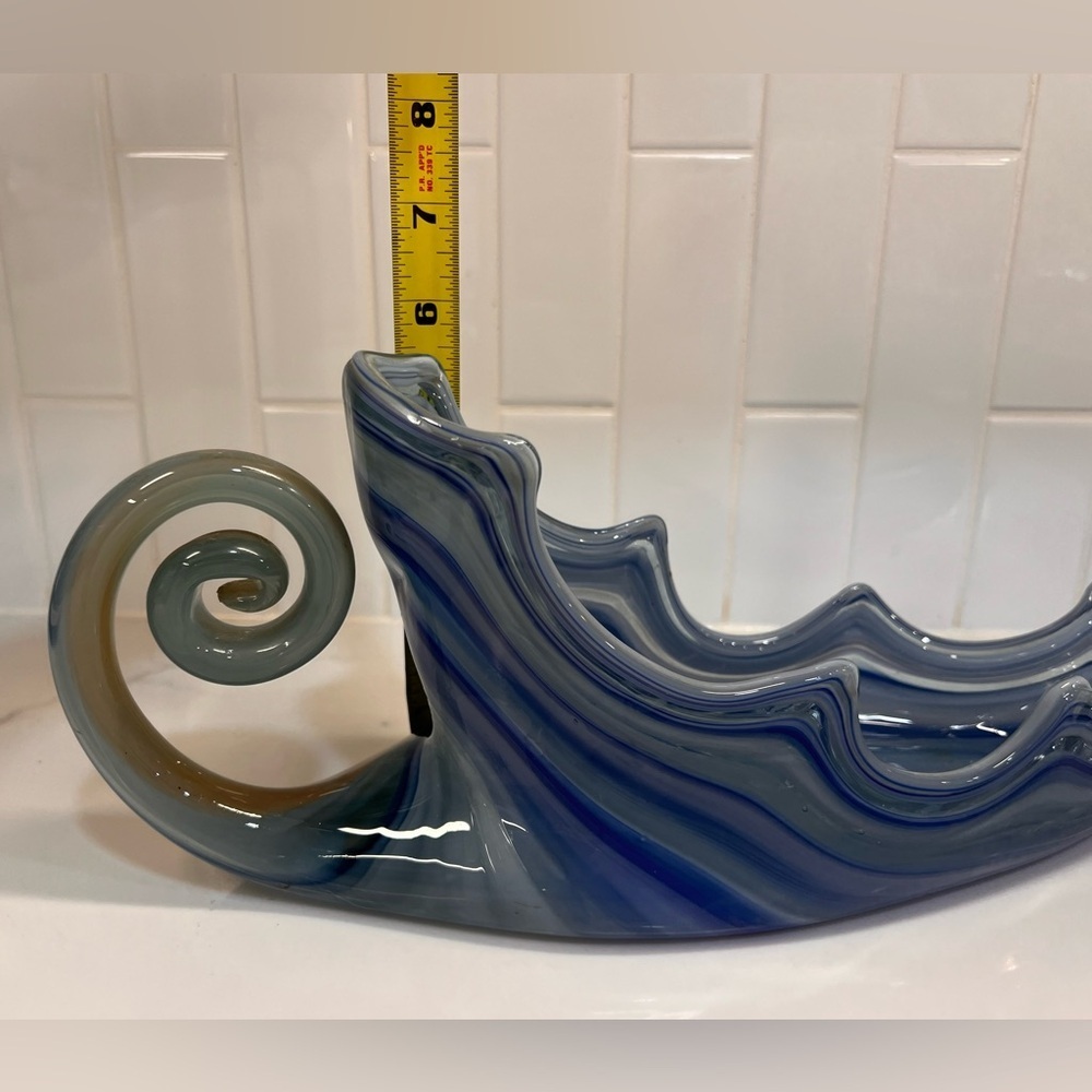 Sooner Art Glass Hand Blown Swirl Leaf Sleigh Cornucopia Display Blue Vintage - Picture 2 of 7